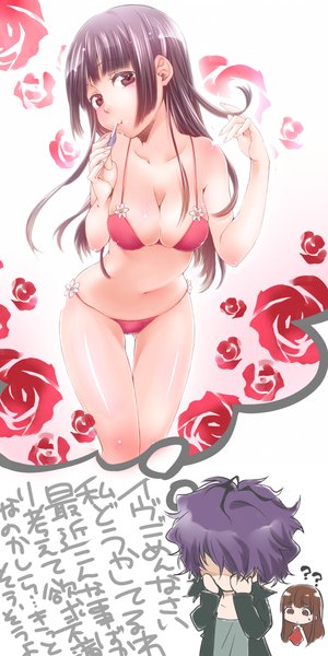 Anime picture 1000x2000 with ib (game) garry (ib) ib (ib) tagme (artist) long hair tall image blush fringe short hair breasts light erotic red eyes brown hair bare shoulders purple hair hair over one eye hieroglyph girl boy navel