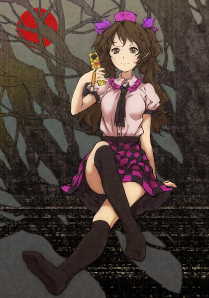 Anime picture 575x820 with touhou himekaidou hatate egawa satsuki single long hair tall image smile brown hair sitting twintails brown eyes full body no shoes crossed legs checkered bare tree checkered skirt girl skirt plant (plants)