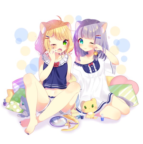 Anime picture 1052x1062 with original mafuyu (chibi21) tall image looking at viewer blush short hair open mouth blonde hair smile green eyes animal ears looking away purple hair full body ahoge bent knee (knees) tail nail polish animal tail one eye closed