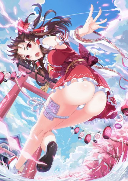 Anime picture 868x1228 with touhou hakurei reimu fengsao hua tanzhang single long hair tall image open mouth light erotic red eyes brown hair sky cloud (clouds) ass cherry blossoms girl underwear panties bow plant (plants) hair bow
