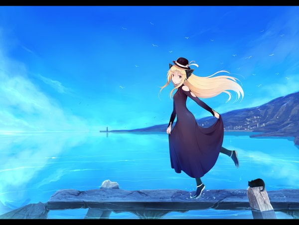 Anime picture 1260x948 with original sts single long hair looking at viewer fringe blonde hair animal ears yellow eyes sky bent knee (knees) parted lips cat ears cat girl reflection letterboxed mountain flying leg lift (legs lift) walking