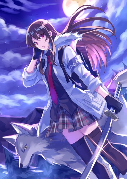 Anime picture 1000x1412 with original zoff (daria) single long hair tall image looking at viewer fringe open mouth hair between eyes red eyes brown hair standing holding payot cloud (clouds) full body outdoors pleated skirt night open jacket