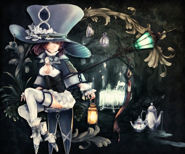 Anime picture 1500x1249 with original kuina (escapegoat) single looking at viewer short hair black hair yellow eyes girl thighhighs dress bow hat white thighhighs cup lamp