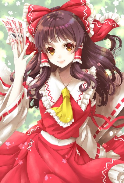 Anime picture 1000x1476 with touhou hakurei reimu ako (pixiv630102) single long hair tall image looking at viewer smile brown hair brown eyes nail polish traditional clothes japanese clothes pink nail polish nontraditional miko girl bow hair bow hair tubes ascot