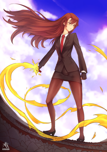 Anime picture 744x1052 with original thousand characters project (hananon) michelle (thousand characters project) hananon single long hair tall image fringe brown hair standing yellow eyes sky cloud (clouds) girl skirt gloves pantyhose glasses necktie fingerless gloves