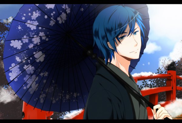 Anime picture 2000x1350 with vocaloid kaito (vocaloid) asato (artist) single highres short hair blue eyes blue hair japanese clothes letterboxed winter snow boy umbrella bridge
