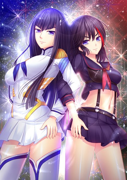 Anime picture 707x1000 with kill la kill studio trigger matoi ryuuko kiryuuin satsuki toshi (1-147) long hair tall image looking at viewer short hair blue eyes black hair multiple girls blue hair multicolored hair two-tone hair streaked hair girl skirt navel uniform