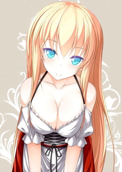 Anime picture 1000x1414 with kantai collection bismarck battleship jougen single long hair tall image looking at viewer blush breasts blue eyes light erotic blonde hair smile large breasts bare shoulders cleavage traditional clothes german clothes girl dress