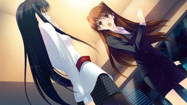 Anime picture 1280x720 with white album 2 touma kazusa ogiso setsuna long hair open mouth black hair brown hair wide image multiple girls yellow eyes game cg girl 2 girls suit