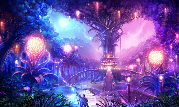 Anime picture 1600x960 with tera online wide image animal ears night sky magic landscape fantasy lake flower (flowers) weapon plant (plants) sword tree (trees) full moon bridge