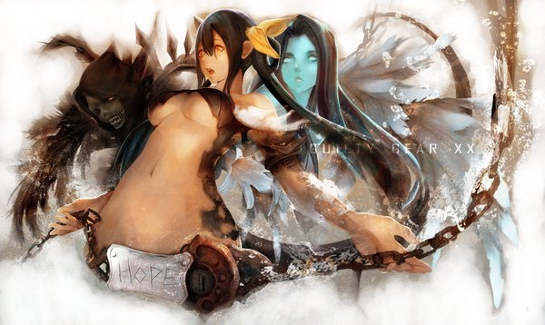 Anime picture 2040x1219 with guilty gear guilty gear xx dizzy (guilty gear) undine (guilty gear) necro (guilty gear) hu dako long hair highres breasts open mouth light erotic black hair wide image twintails orange eyes underboob bottomless center opening asymmetrical wings girl