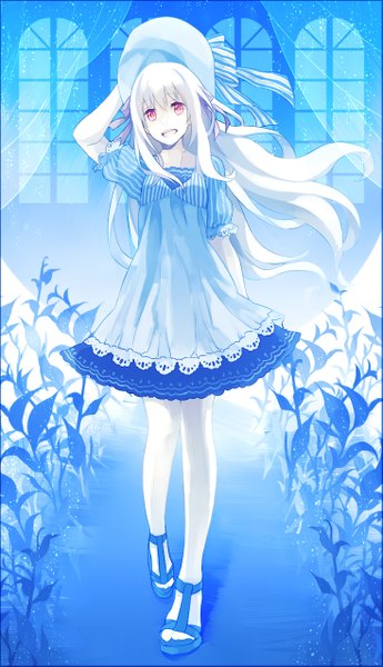 Anime picture 733x1273 with kagerou project shaft (studio) mary (kagerou project) wowishi single long hair tall image fringe open mouth red eyes standing holding white hair very long hair wind short sleeves puffy sleeves girl dress bow