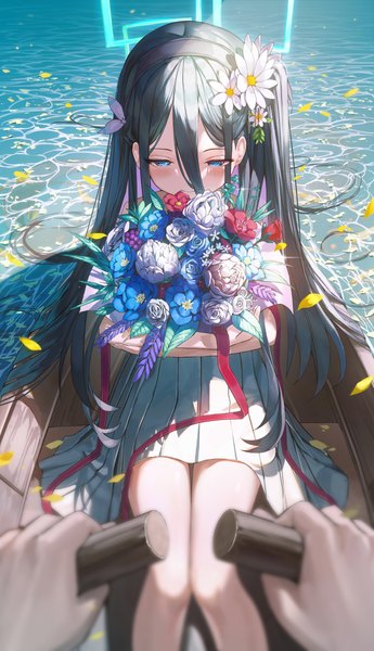 Anime picture 690x1200 with blue archive aris (blue archive) sensei (blue archive) wakum long hair tall image blush fringe blue eyes black hair smile hair between eyes sitting looking away pleated skirt hair flower blurry hug one side up pov