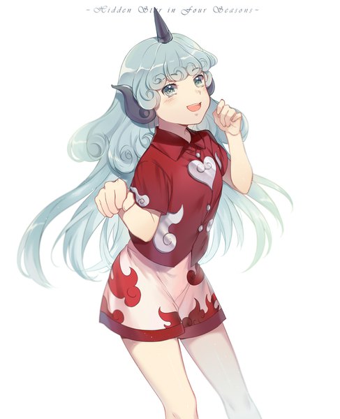 Anime picture 1122x1382 with touhou komano aun ekita xuan single long hair tall image looking at viewer fringe simple background white background green eyes animal ears horn (horns) aqua hair copyright name paw pose curly hair girl shirt shorts