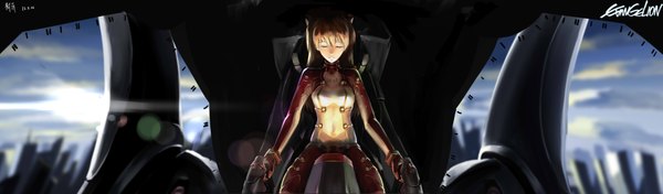 Anime picture 8500x2500 with neon genesis evangelion rebuild of evangelion evangelion: 2.0 you can (not) advance gainax soryu asuka langley shuyinnosi single long hair highres brown hair wide image absurdres eyes closed girl pilot suit mecha