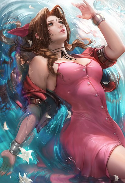 Anime picture 1027x1500 with final fantasy final fantasy vii square enix aerith gainsborough sakimichan single long hair tall image fringe breasts open mouth blue eyes brown hair large breasts signed payot lying arm up realistic off shoulder