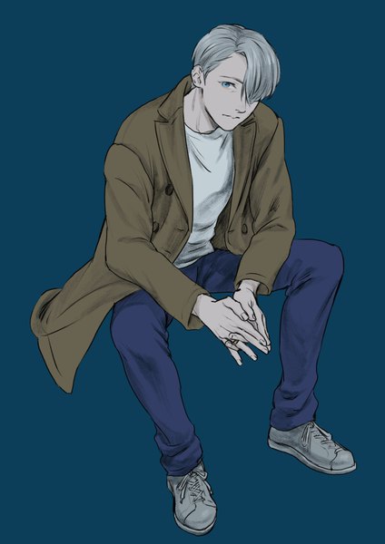 Anime picture 707x1000 with yuri!!! on ice mappa viktor nikiforov ganpiro single tall image looking at viewer fringe short hair simple background sitting silver hair full body bent knee (knees) aqua eyes hair over one eye blue background lacing hands clasped boy