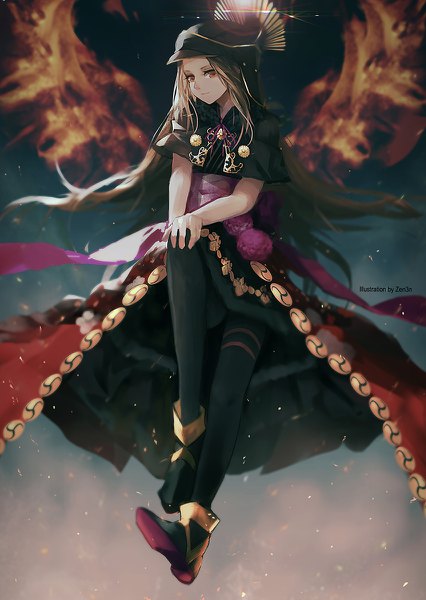 Anime-Bild 852x1200 mit fate (series) fate/grand order chacha (fate) zen33n single long hair tall image looking at viewer blonde hair smile sitting signed full body bent knee (knees) orange eyes floating hair midair girl hat pantyhose