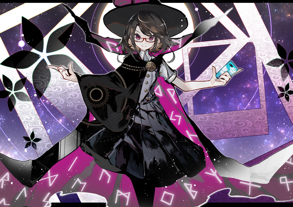 Anime picture 1414x1000 with touhou usami sumireko kusakanmuri single looking at viewer short hair smile brown hair standing purple eyes holding spread arms sky print girl hat glasses cape mobile phone smartphone