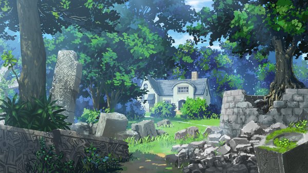 Anime picture 1280x720 with hyakka ryouran elixir senomoto hisashi wide image game cg landscape ruins plant (plants) tree (trees) house