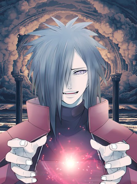 Anime picture 811x1090 with naruto studio pierrot naruto (series) uchiha madara lo1000 jeffrey smith single long hair tall image looking at viewer fringe smile cloud (clouds) fingernails grey hair hair over one eye silver eyes rinnegan boy armor