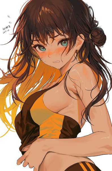 Anime picture 1448x2197 with original tokkihouse single long hair tall image looking at viewer blush fringe breasts blue eyes light erotic simple background brown hair white background bare shoulders blunt bangs multicolored hair orange hair hair bun (hair buns) sweat