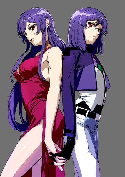 Anime picture 695x982 with mobile suit gundam mobile suit gundam 00 sunrise (studio) tieria erde laetitia erde pizaya long hair tall image short hair simple background red eyes bare shoulders payot purple hair grey background holding hands side slit genderswap girl dress