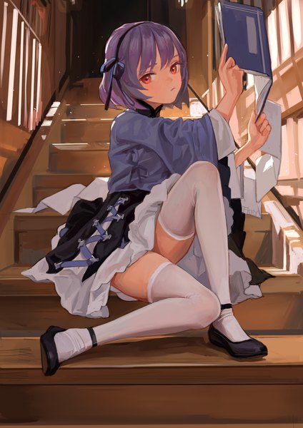 Anime-Bild 1100x1556 mit original fkey single tall image looking at viewer blush fringe short hair red eyes sitting holding signed purple hair full body bent knee (knees) indoors traditional clothes head tilt wide sleeves zettai ryouiki