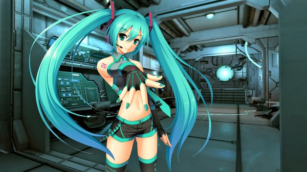 Anime picture 1920x1080 with vocaloid hatsune miku looking at viewer fringe highres smile wide image standing twintails very long hair nail polish aqua eyes aqua hair wallpaper girl thighhighs navel detached sleeves necktie shorts