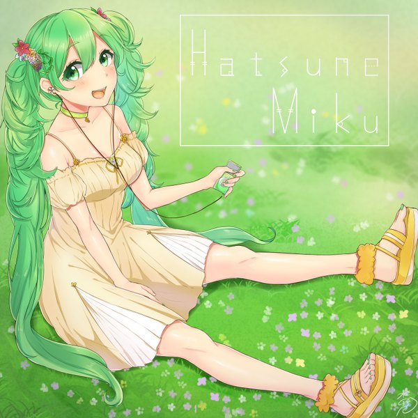 Anime picture 2835x2835 with vocaloid hatsune miku mizuiro 32 single looking at viewer blush highres open mouth twintails green eyes very long hair green hair character names girl flower (flowers) headphones sundress digital media player