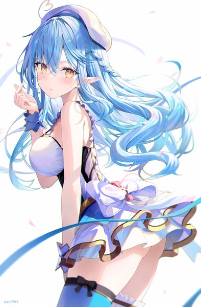 Anime picture 1214x1851 with virtual youtuber hololive yukihana lamy rin yuu single long hair tall image looking at viewer blush fringe breasts open mouth light erotic simple background hair between eyes large breasts standing white background signed yellow eyes