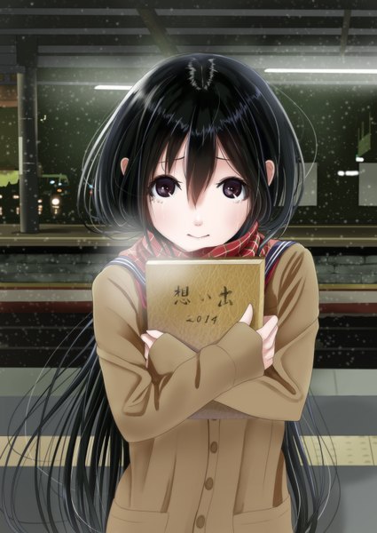 Anime picture 1255x1772 with original kentaurosu single long hair tall image looking at viewer fringe black hair hair between eyes holding black eyes snowing winter reclining 2014 girl uniform school uniform book (books) train station