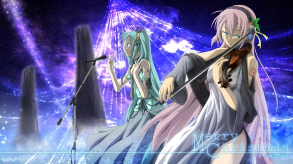 Anime picture 3000x1688 with vocaloid hatsune miku megurine luka isan (artist) long hair highres blue eyes wide image multiple girls pink hair green hair singing girl 2 girls hairband microphone musical instrument microphone stand violin bow (instrument)