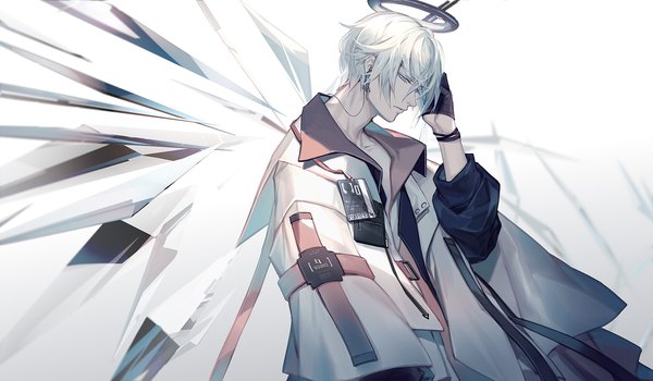 Anime picture 1600x933 with arknights executor (arknights) skade single short hair wide image white background silver hair upper body profile looking down silver eyes boy gloves wings black gloves halo