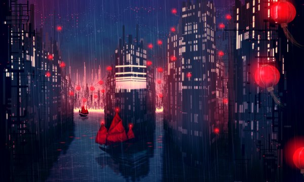 Anime picture 2500x1500 with original uyre highres wide image night city rain city lights water building (buildings) watercraft boat