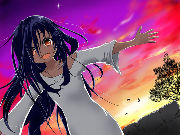 Anime picture 1200x900 with the ring yamamura sadako azumawari (azumofu) single long hair looking at viewer fringe open mouth black hair smile hair between eyes red eyes sky :d hair over one eye sparkle dutch angle evening sunset spread arms