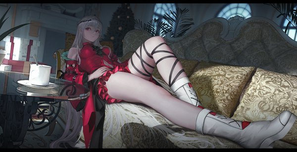 Anime picture 5734x2930 with arknights skadi (arknights) skadi the corrupting heart (arknights) zfivez single fringe highres hair between eyes red eyes wide image absurdres silver hair indoors very long hair bare legs shadow official alternate costume letterboxed reclining foreshortening