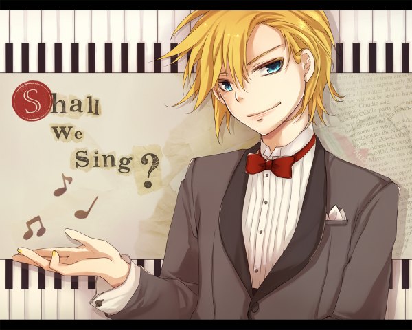 Anime picture 1200x960 with vocaloid kagamine len mukkun short hair blue eyes blonde hair smile music boy bowtie suit piano