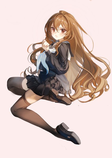 Anime picture 2480x3508 with toradora j.c. staff aisaka taiga rumoon single long hair tall image looking at viewer fringe highres open mouth simple background hair between eyes brown hair brown eyes full body pleated skirt :o turning head girl