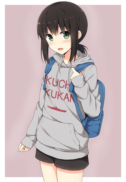 Anime picture 739x1069 with kantai collection fubuki destroyer nakamura sumikage single long hair tall image looking at viewer blush fringe open mouth black hair simple background standing holding green eyes payot long sleeves head tilt light smile low ponytail