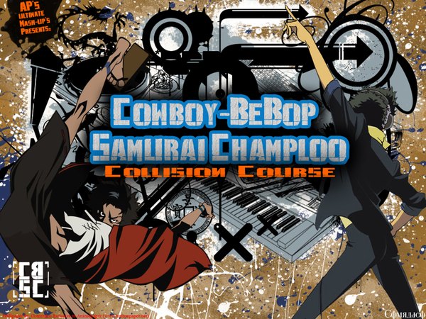 Anime picture 1600x1200 with cowboy bebop samurai champloo sunrise (studio) mugen (samurai champloo) spike spiegel short hair black hair crossover boy headphones