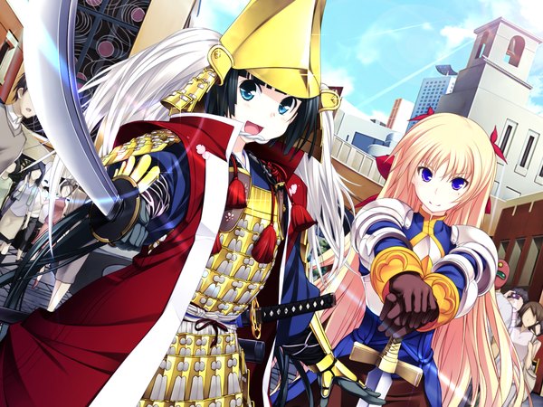 Anime picture 1600x1200 with maji de watashi ni koi shinasai! mayuzumi yukie christiane friedrich open mouth blue eyes black hair blonde hair smile purple eyes multiple girls game cg traditional clothes girl weapon 2 girls sword katana