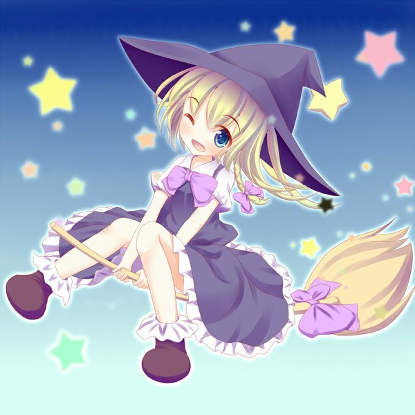 Anime picture 1000x1000 with touhou kirisame marisa choko (mixberry parfait) single short hair open mouth blue eyes blonde hair full body one eye closed wink girl dress star (symbol) witch hat