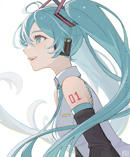 Anime picture 2080x2501 with vocaloid hatsune miku pili 0 single long hair tall image fringe highres simple background hair between eyes white background twintails upper body profile aqua eyes aqua hair girl detached sleeves necktie headphones