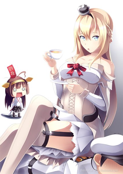 Anime picture 640x905 with kantai collection kongou battleship admiral (kantai collection) warspite (kantai collection) mimelex long hair tall image fringe breasts open mouth blue eyes light erotic simple background blonde hair hair between eyes brown hair white background sitting bare shoulders multiple girls