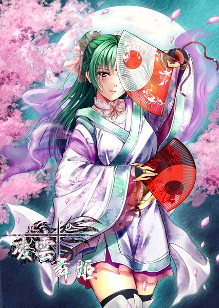 Anime picture 2598x3661 with original soyokaze single long hair tall image looking at viewer blush highres purple eyes traditional clothes japanese clothes green hair girl petals moon fan