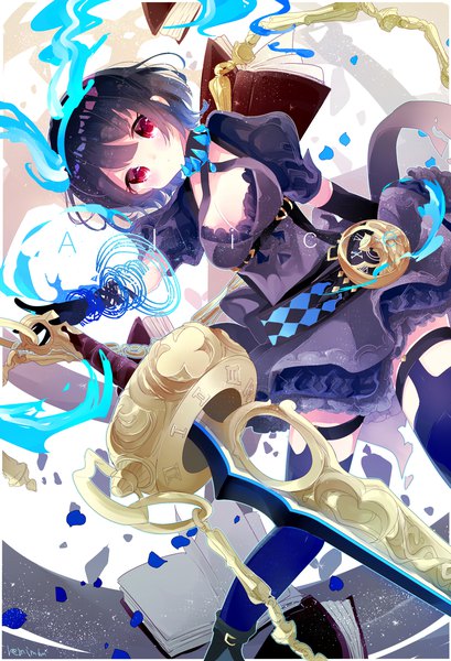 Anime picture 1500x2200 with sinoalice alice (sinoalice) remimim single tall image looking at viewer blush fringe short hair breasts black hair red eyes large breasts cleavage puffy sleeves glowing girl thighhighs dress gloves