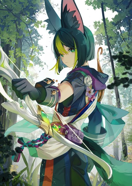 Anime picture 2150x3035 with genshin impact tighnari (genshin impact) ai xiao meng single tall image fringe highres short hair hair between eyes green eyes animal ears outdoors multicolored hair streaked hair outstretched arm dark hair boy gloves weapon plant (plants)