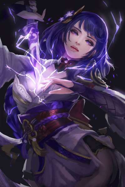 Anime picture 1333x2000 with genshin impact raiden shogun cglas single long hair tall image looking at viewer fringe simple background standing purple eyes holding purple hair blunt bangs nail polish traditional clothes head tilt japanese clothes arm up lips