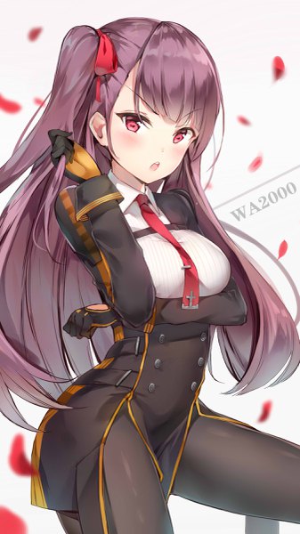 Anime picture 1350x2400 with girls frontline wa2000 (girls frontline) ginn (hzh770121) single long hair tall image looking at viewer blush fringe breasts open mouth simple background red eyes standing purple hair long sleeves character names one side up breast hold holding hair